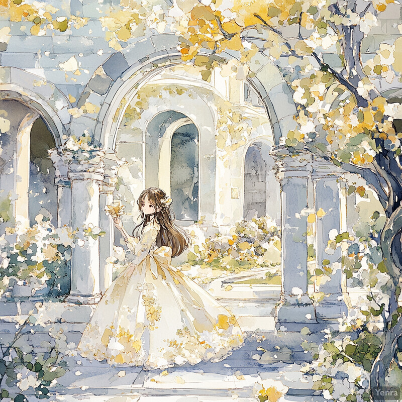 A young girl in a white dress stands confidently on the steps leading up to an ornate stone building, surrounded by lush greenery and flowers