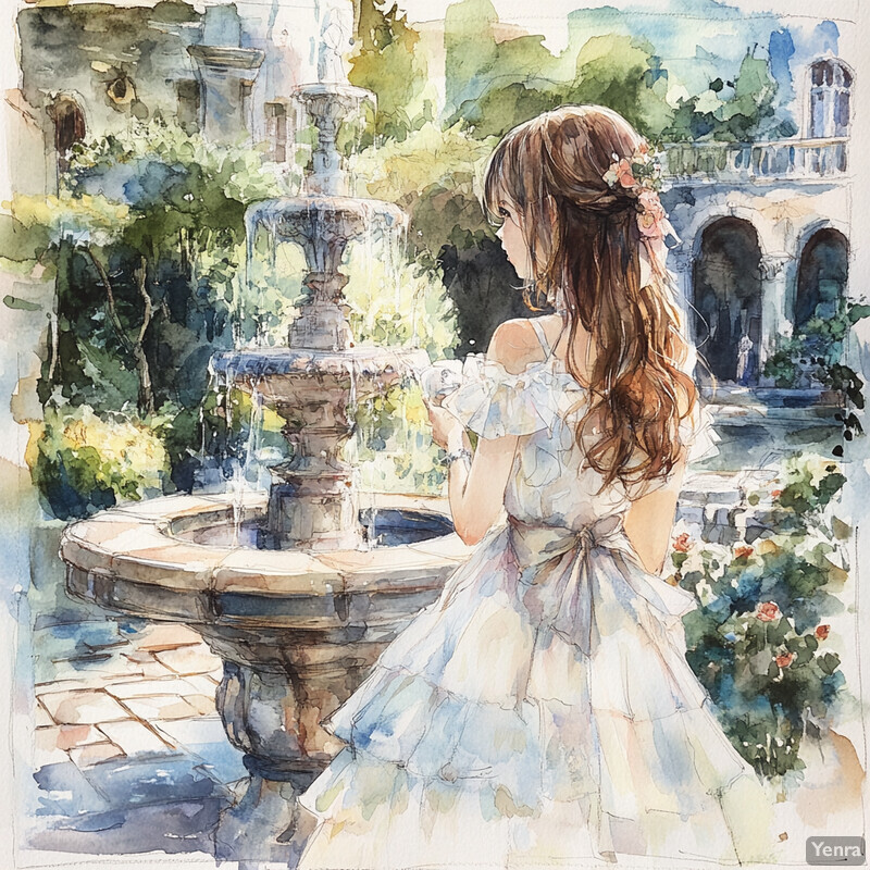 A woman in a white dress gazes at a fountain in a serene garden setting