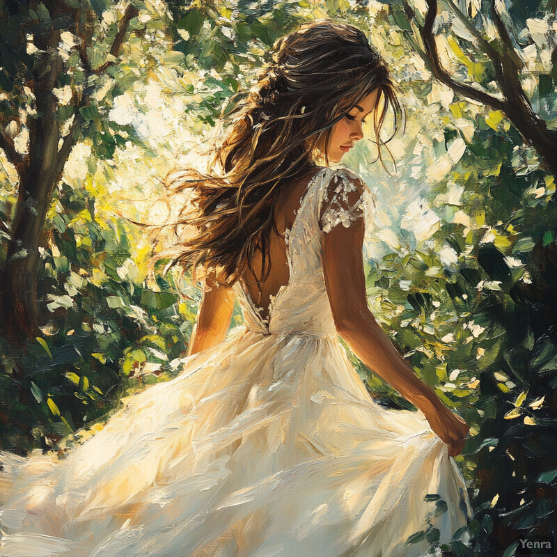 An oil painting of a woman in a white wedding dress standing amidst trees