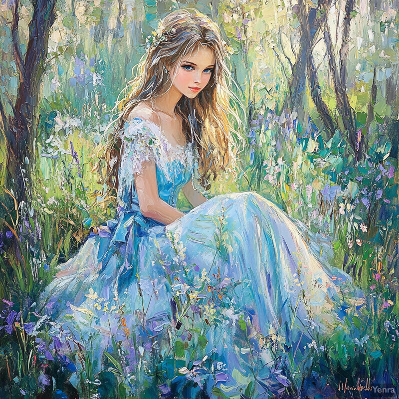 A serene painting of a young woman sitting in a lush garden, surrounded by vibrant flowers and foliage.