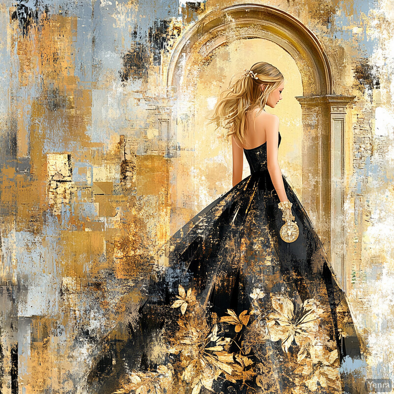 Elegant woman in black dress with gold accents stands before stone archway