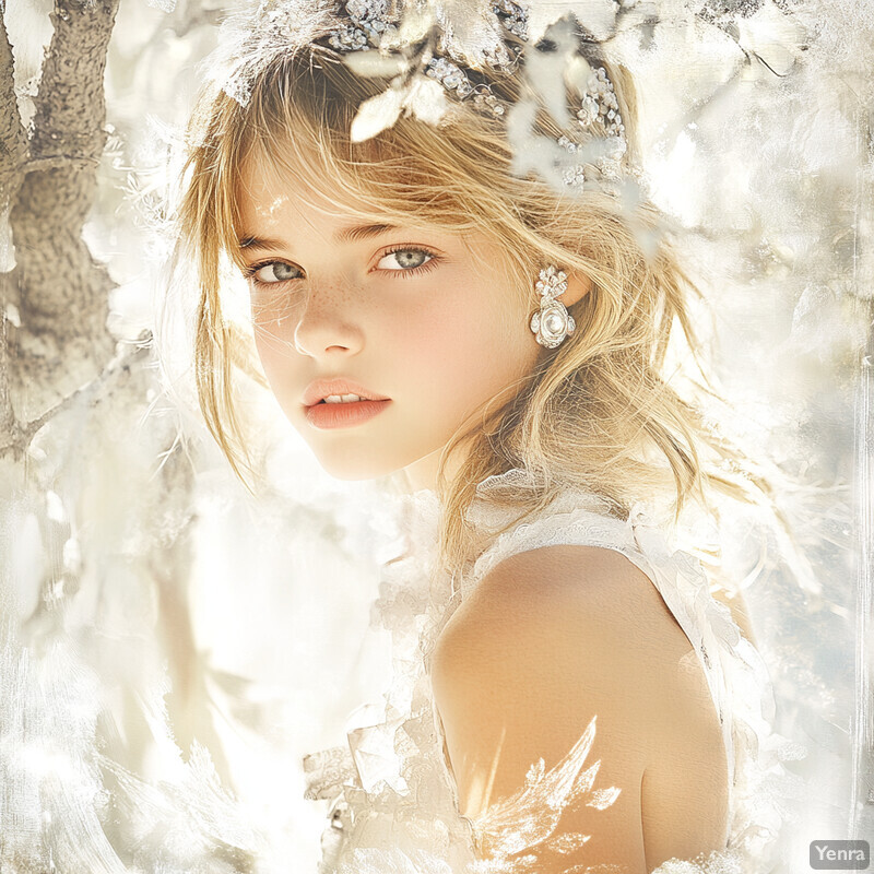 A young girl with blonde hair and bangs wears a white dress or top with ruffled straps, looking directly at the camera while maintaining an angle of view that suggests she is not fully facing the lens.