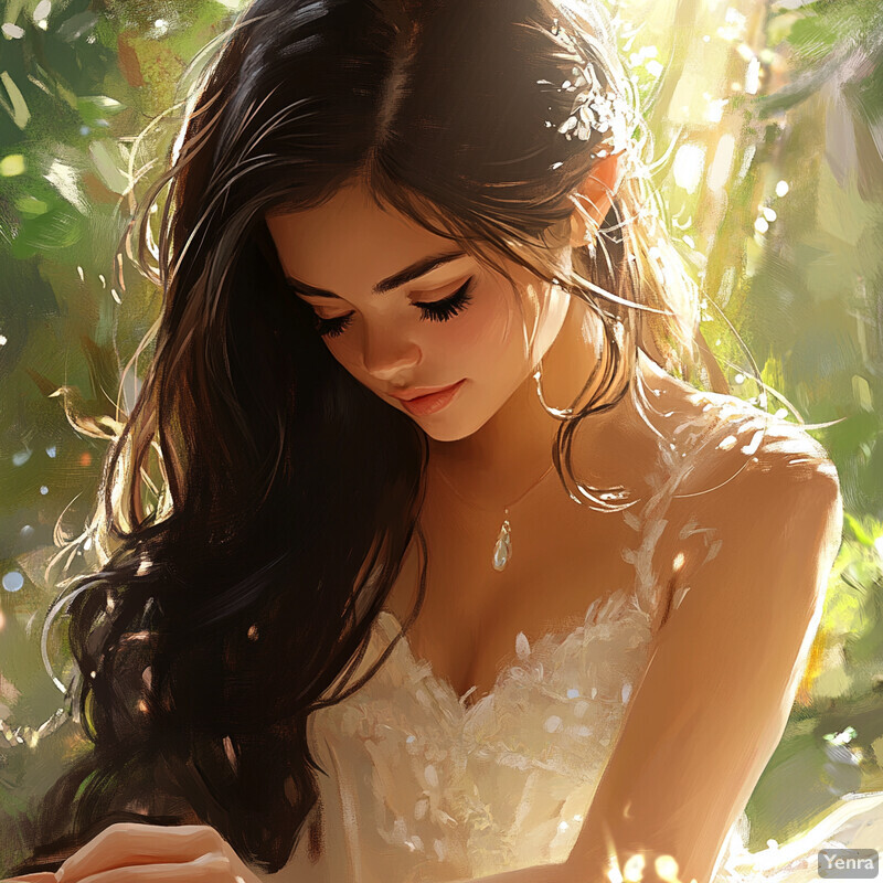 A serene and idyllic scene of a woman in a white dress standing amidst lush greenery