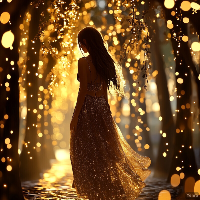 A woman in a sparkly dress stands in front of trees with glowing lights.