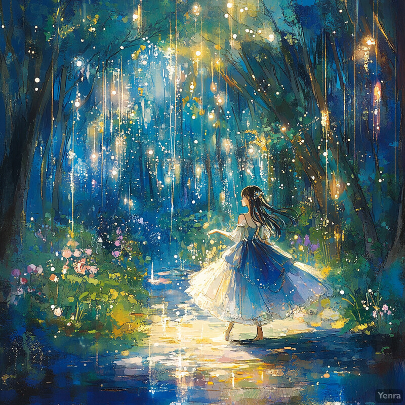 A woman dances in a forest grove under the soft light of glowing orbs emanating from the trees above