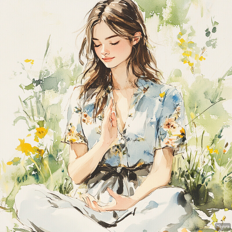 A woman meditating in a field of flowers