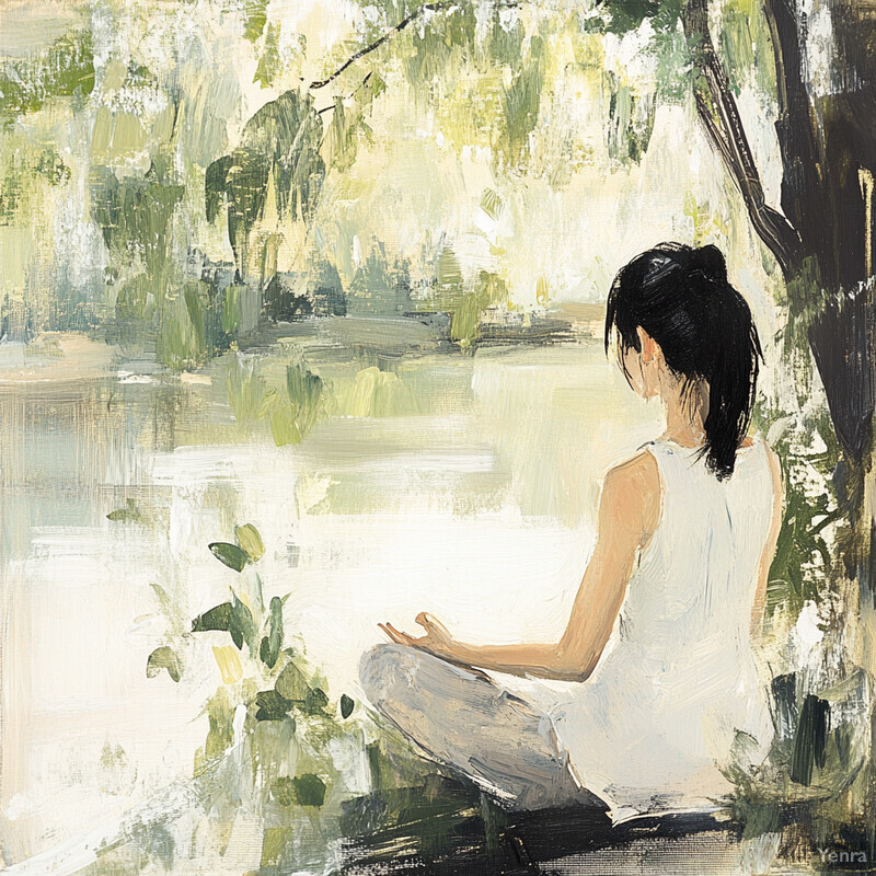 A woman meditating by a body of water in a peaceful setting