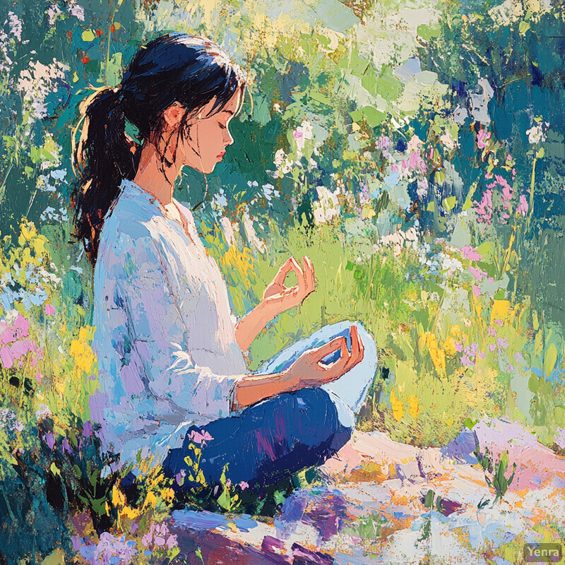 A serene painting of a woman meditating in nature