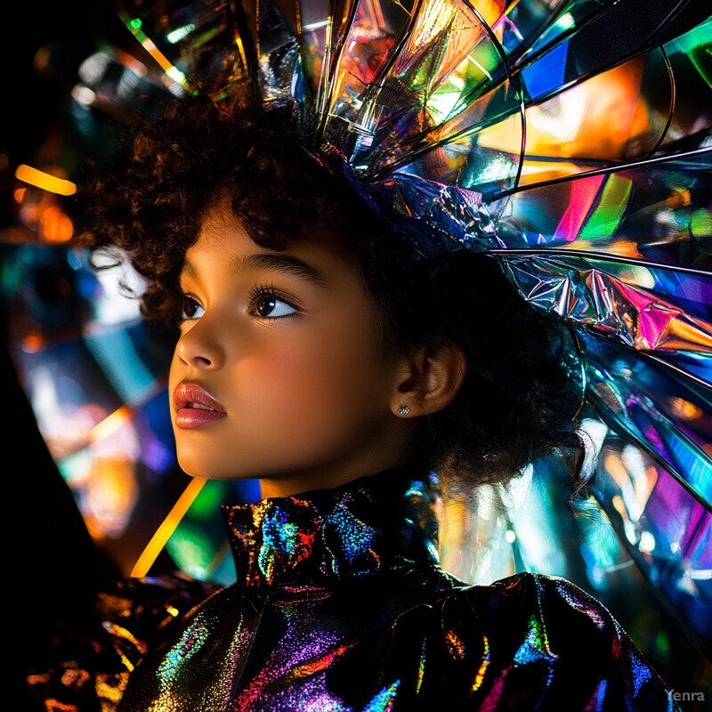 A young girl with curly hair and a vibrant outfit poses in front of a colorful background, suggesting she may be at a birthday party or holiday gathering.