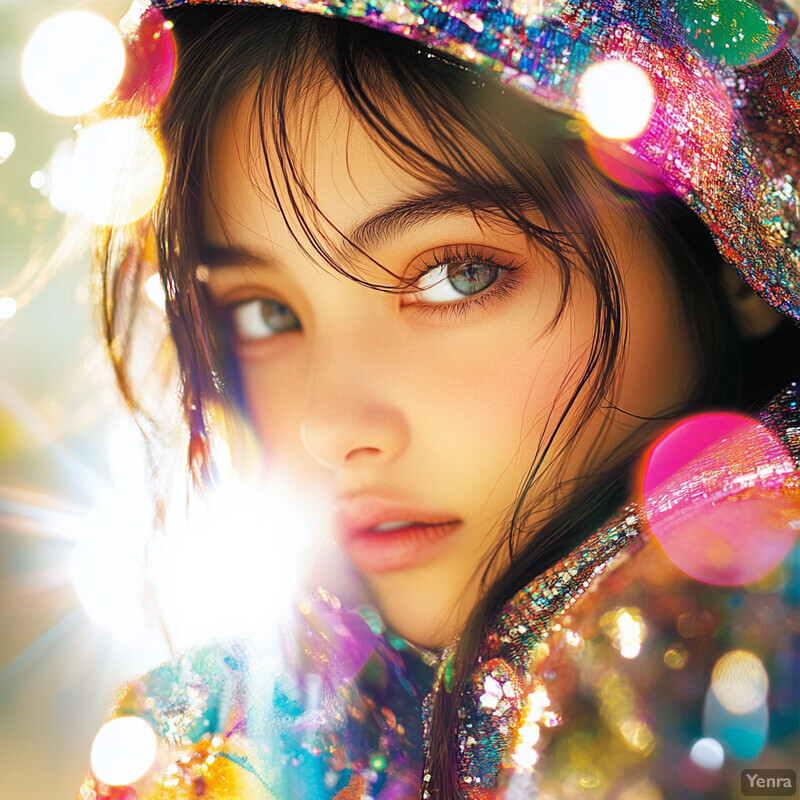 A young girl with long brown hair and a multicolored sequined jacket looks directly at the camera with an intense expression.