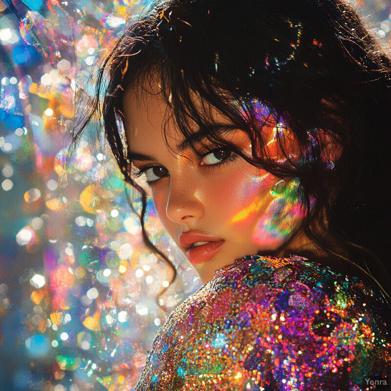 A woman in a sequined top surrounded by colorful lights.