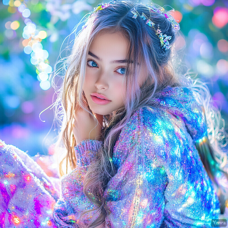 A young girl with blue eyes and long hair, dressed in a kaleidoscope-inspired outfit, poses in an outdoor setting.