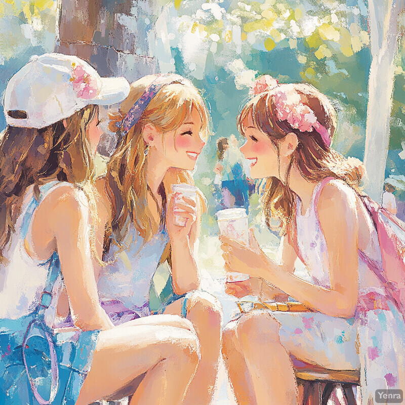 Three young women enjoy ice cream outdoors