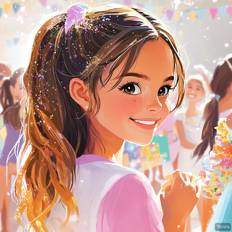 A young girl with sparkly hair enjoys a treat at what appears to be a festive event.