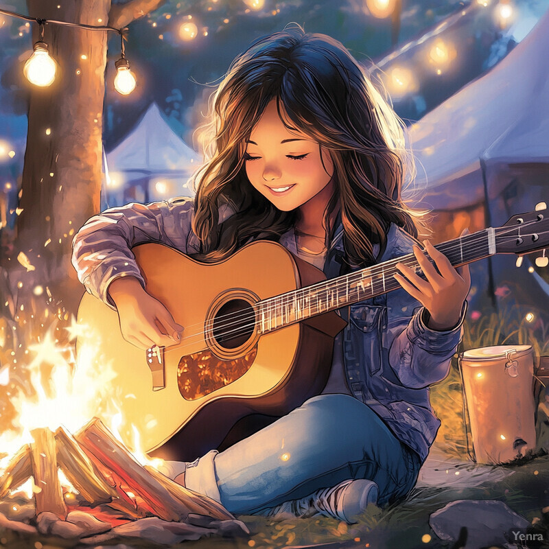 A young girl plays an acoustic guitar near a campfire in a peaceful outdoor setting with string lights and tents in the background.