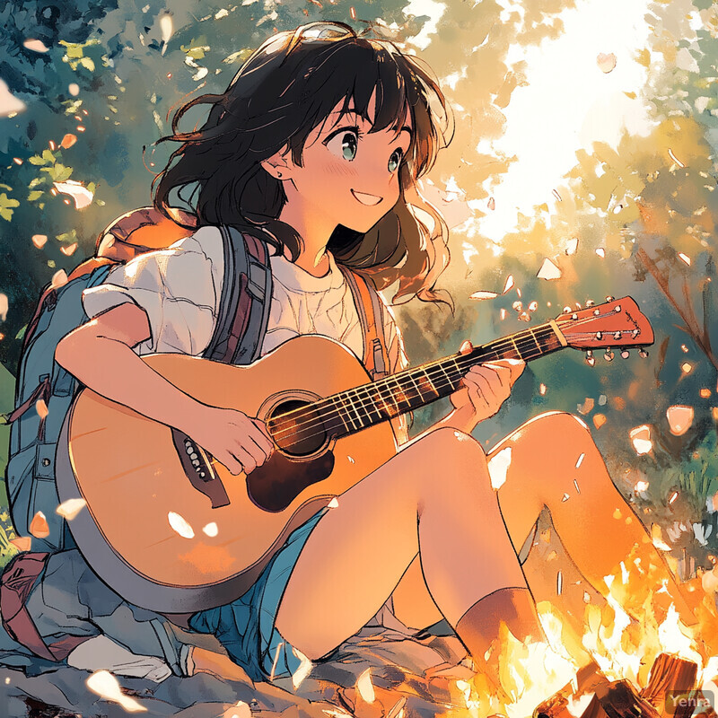 A young girl plays an acoustic guitar by a campfire, surrounded by nature.