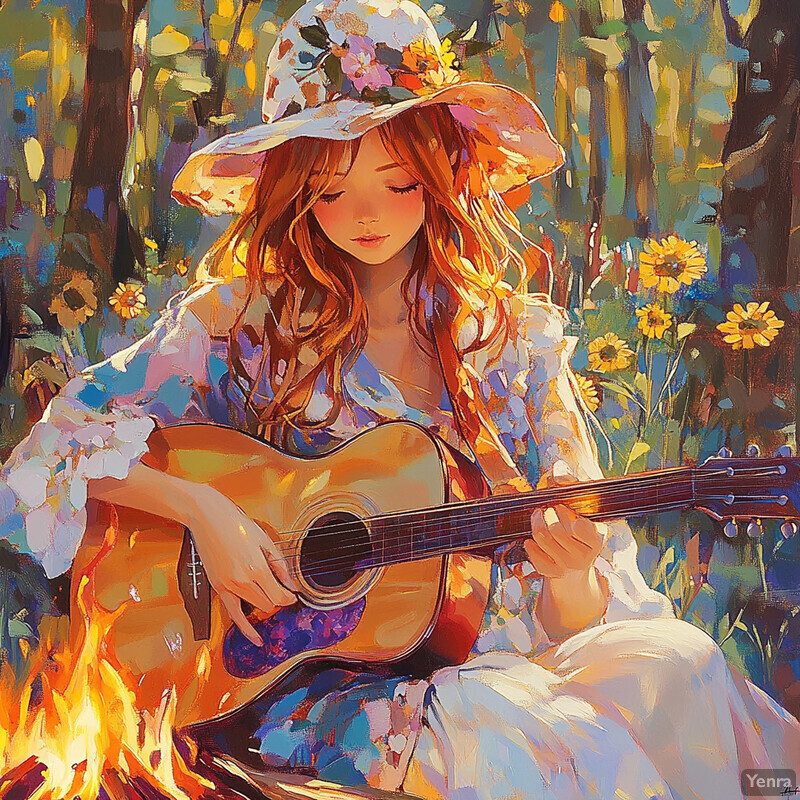 A woman plays an acoustic guitar in front of a campfire, surrounded by lush greenery and flowers.