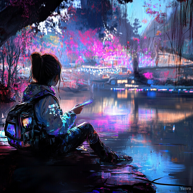 A young girl sits by a body of water, surrounded by lush greenery and colorful flowers, holding a glowing object in her hand.