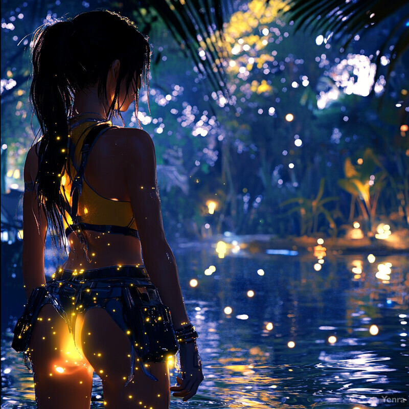 A woman stands in front of a body of water, surrounded by lush greenery and illuminated by soft lighting.