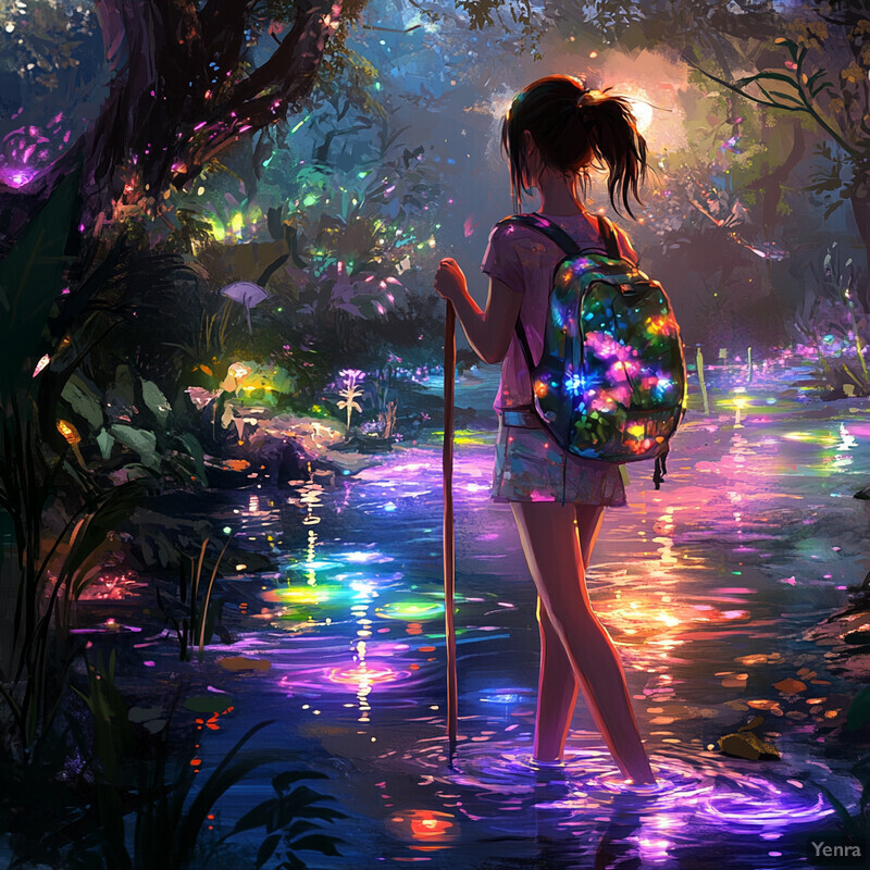 A woman walks through a lagoon surrounded by lush foliage, leaving behind colorful footprints.