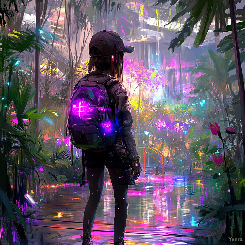 A young girl stands in front of a glowing portal surrounded by natural elements.