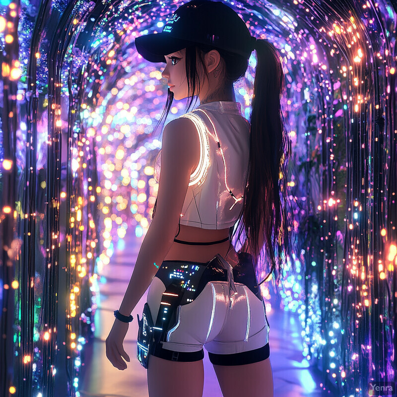 A woman stands in front of a vibrant, swirling tunnel of lights, gazing towards the left side of the image with focus and attention.