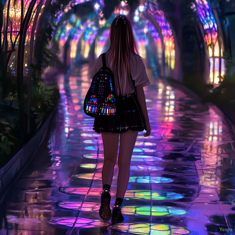 A young girl with long hair and a white shirt walks through a tunnel made of stained glass windows.