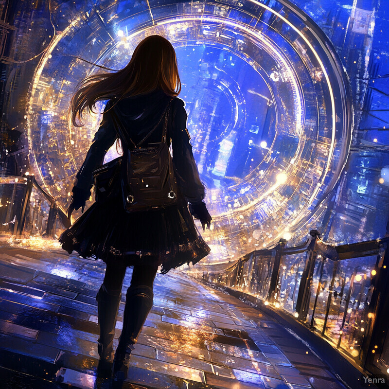 A young woman walks towards a large circular portal in a futuristic setting.