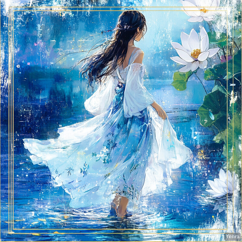 A serene and ethereal scene of a woman standing on a rock surrounded by water, wearing a flowing white dress.