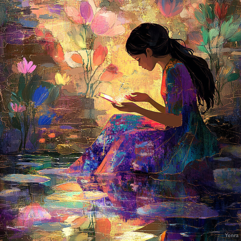 A woman sitting by a body of water, surrounded by flowers and greenery, gazing at her smartphone with a relaxed posture.