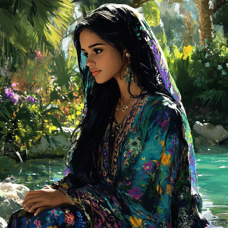 A serene scene of a woman sitting by a body of water, surrounded by lush greenery.