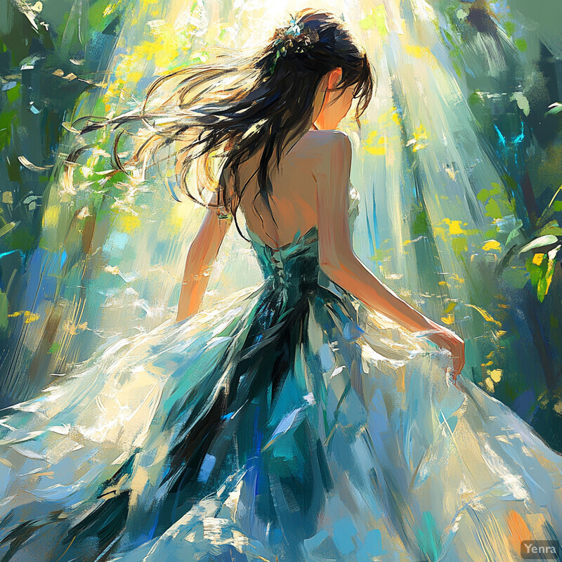 A woman with long hair and an elegant dress in shades of blue and green stands amidst lush foliage, exuding serenity and tranquility.