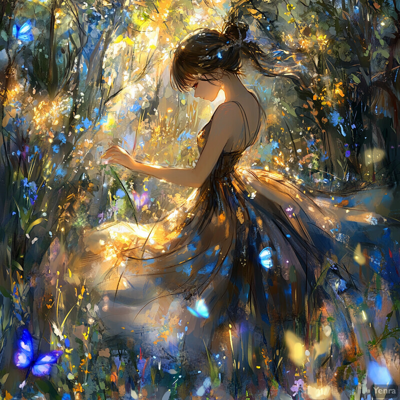 A serene anime girl stands amidst lush foliage in a vibrant painting.