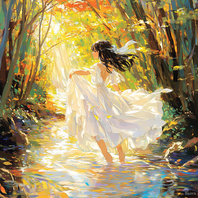 A serene and idyllic scene of a woman walking through a forest, surrounded by lush greenery and vibrant flowers.