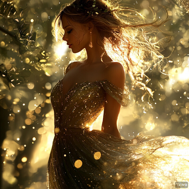 A woman stands in front of trees, wearing a gold gown and surrounded by a serene natural setting.