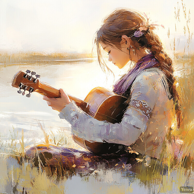 A young girl plays guitar by the lake, surrounded by tall reeds and a calm atmosphere.