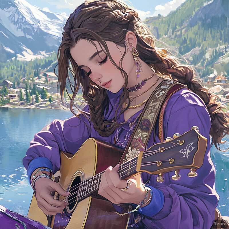 A woman plays an acoustic guitar in front of a mountain range and lake, exuding peace and contentment.