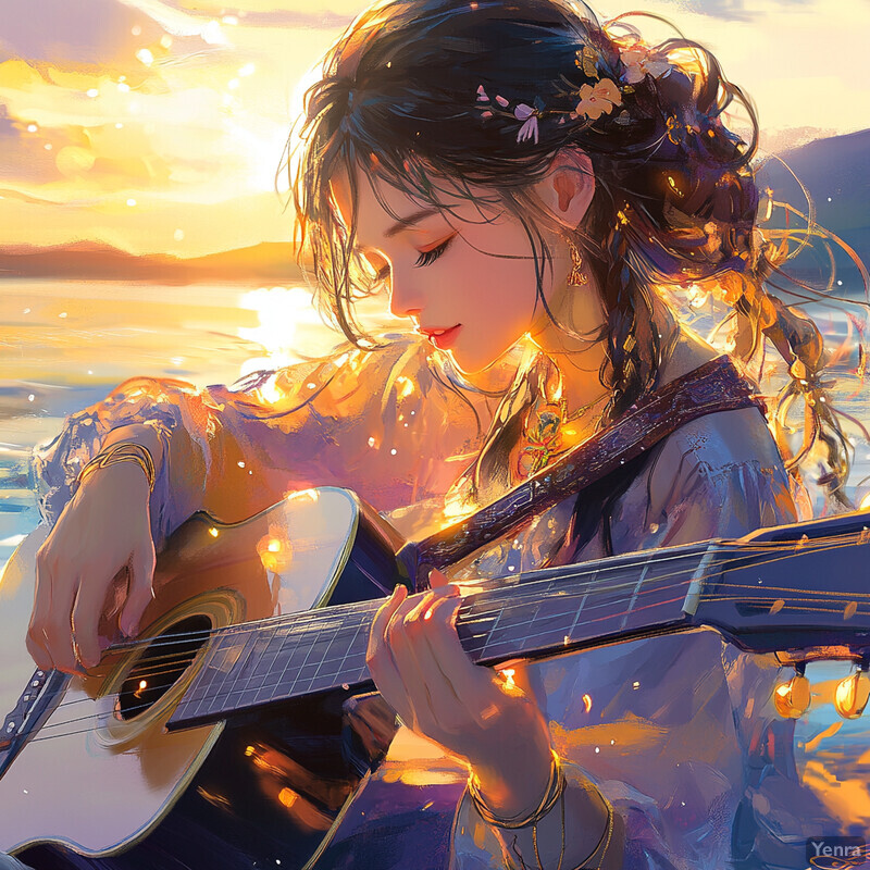 A woman plays a guitar on a beach at sunset