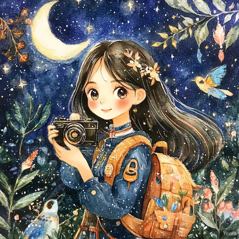 A young girl with a camera in a starry night sky