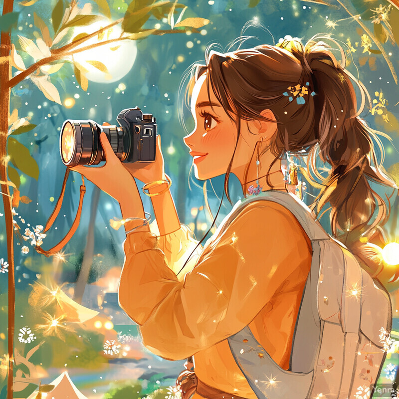 A young woman takes photos in a natural setting