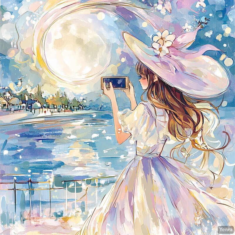 A woman stands by a body of water, gazing at her phone with a gentle smile on her face.