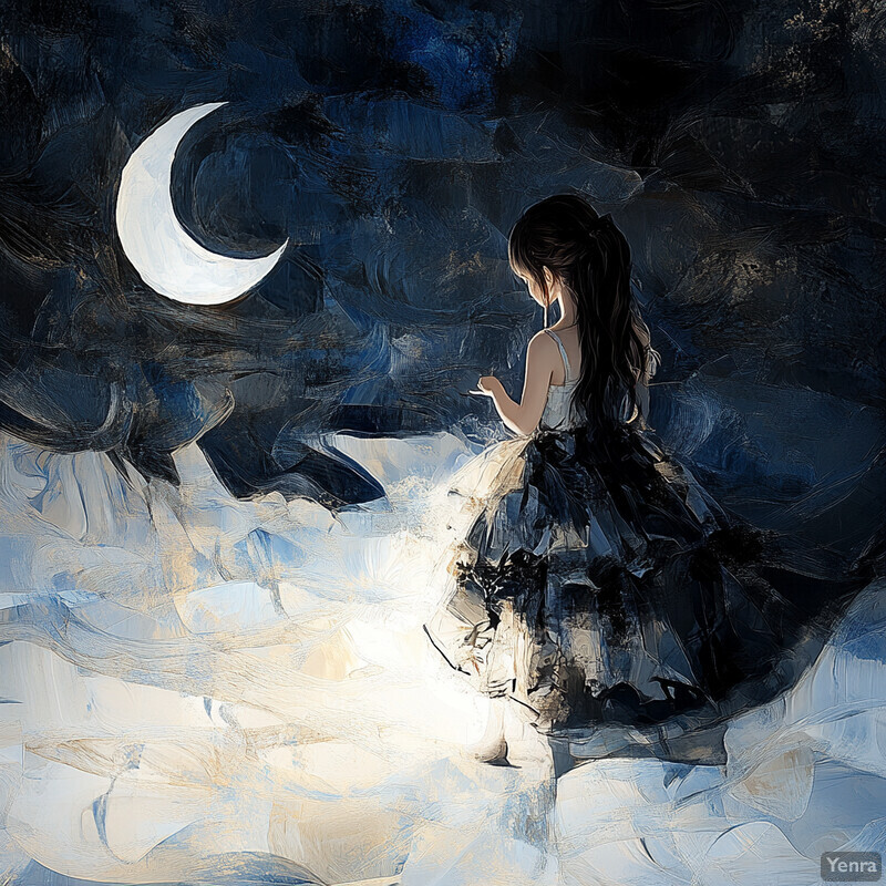 A young girl stands under the light of a crescent moon, surrounded by an ethereal glow.