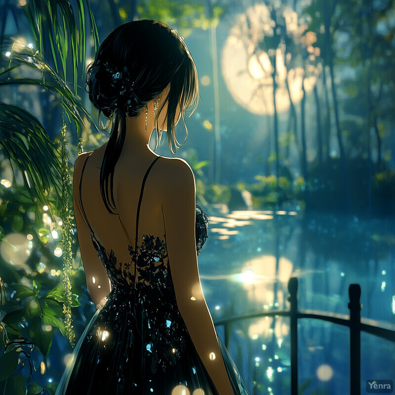 A woman stands in front of a body of water under the soft glow of moonlight, exuding calmness and serenity.