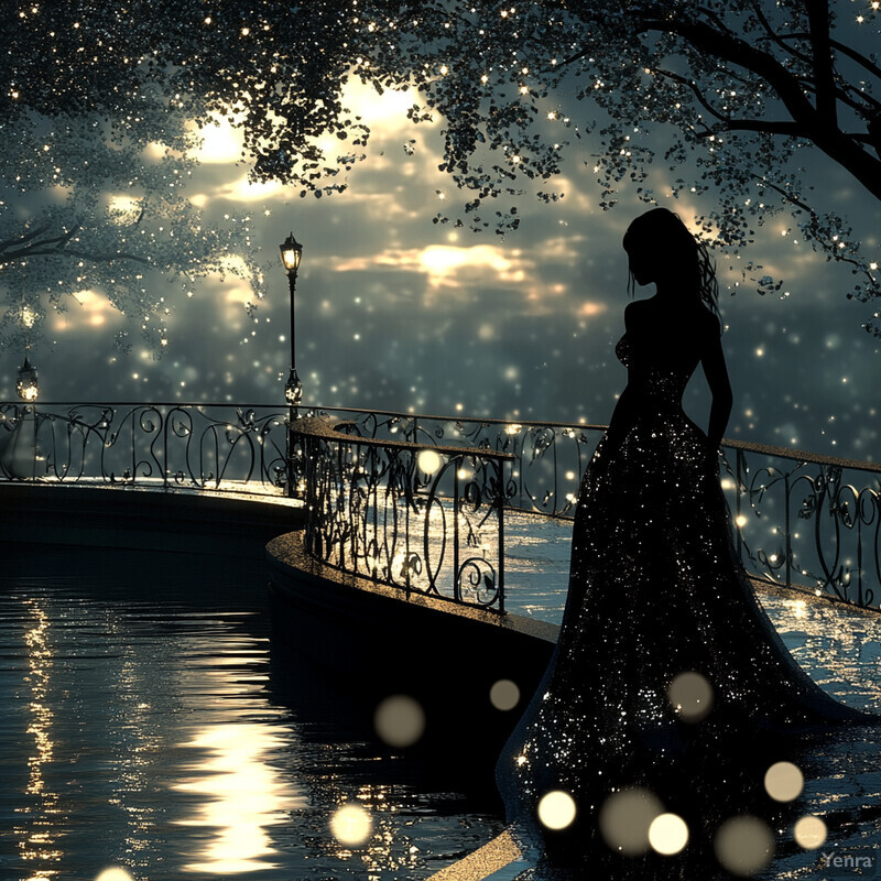 A woman in a sparkly dress stands on a bridge over a body of water at night, posing for a photo shoot or walking down a red carpet.