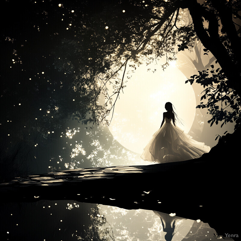 A woman in a flowing white dress stands on a bridge surrounded by lush greenery, exuding peace and serenity.