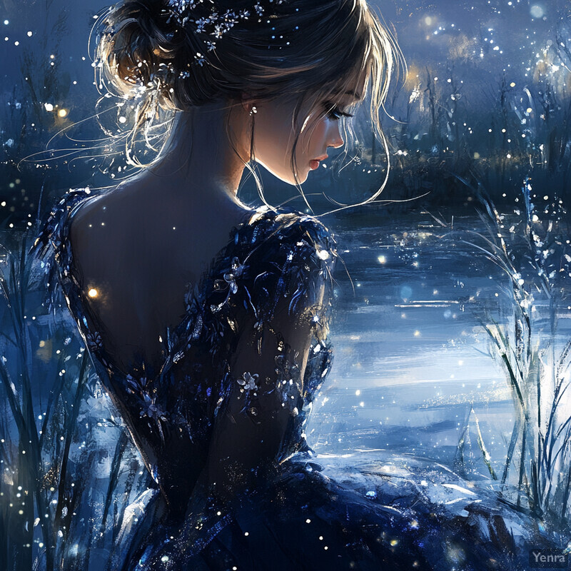 A serene and enchanting scene of a woman standing by a body of water under moonlight, with a flowing gown and delicate flowers in her hair.