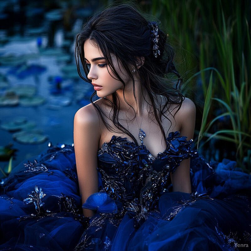 A young woman with dark hair and fair skin wears a royal blue strapless gown with silver detailing and matching gloves, posing elegantly in front of a blurred background.