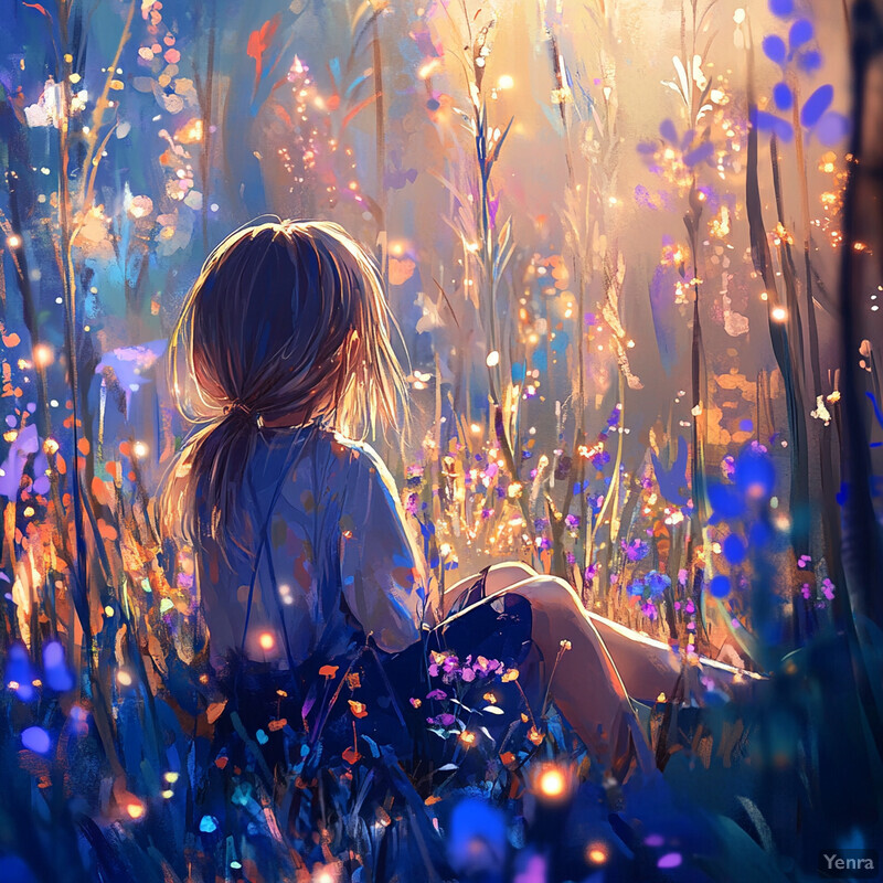 A young girl sits in a field of wildflowers, surrounded by tall grasses and trees, enjoying the beauty of nature.