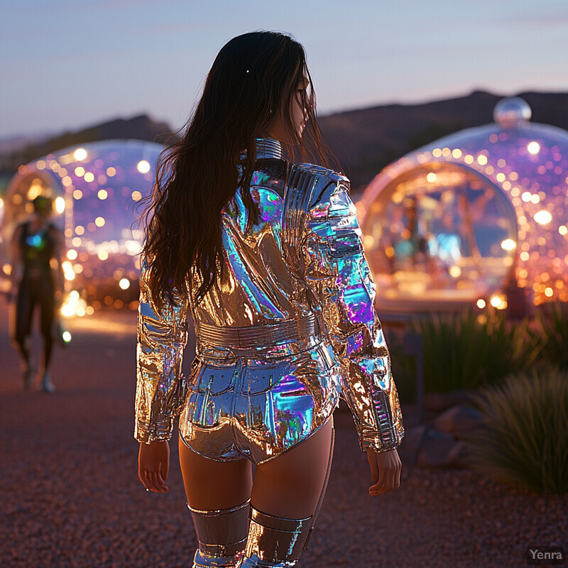 A woman stands in front of two large, reflective domes, surrounded by people dressed in similar outfits.