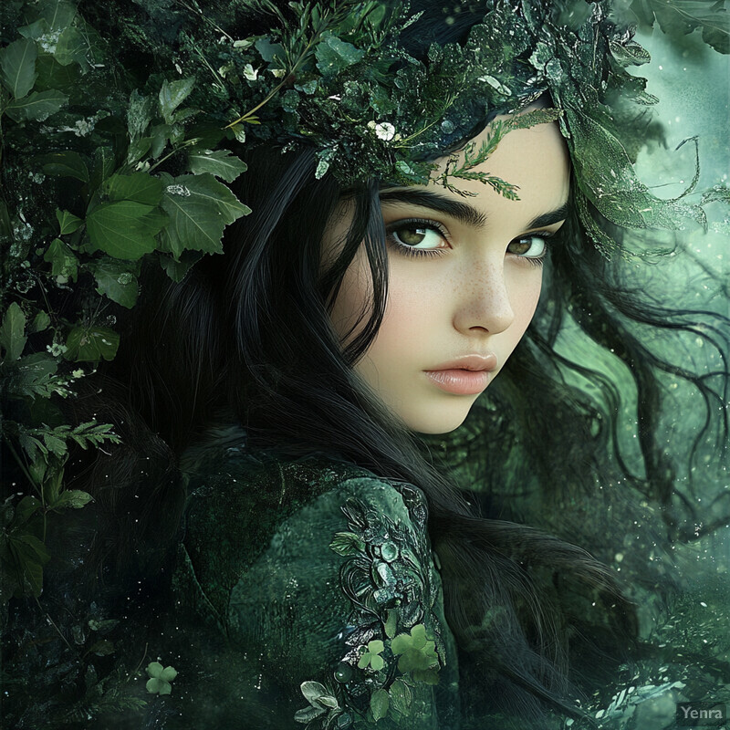 A young girl with long dark hair and brown eyes wears an intricate green dress featuring plants and leaves, complemented by a floral crown in a blurred forest background.